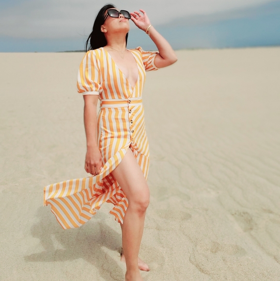 EVERKAKI BOHO STYLE MUSTARD STIPES DRESS SZ S - Picture 1 of 6